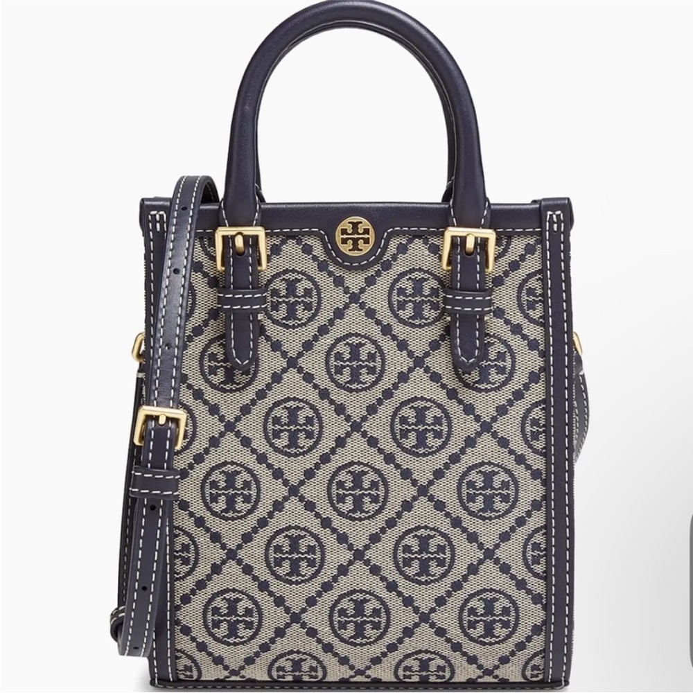 Tory Burch T Monogram Mini Jacquard Tote Navy Blue NWOT